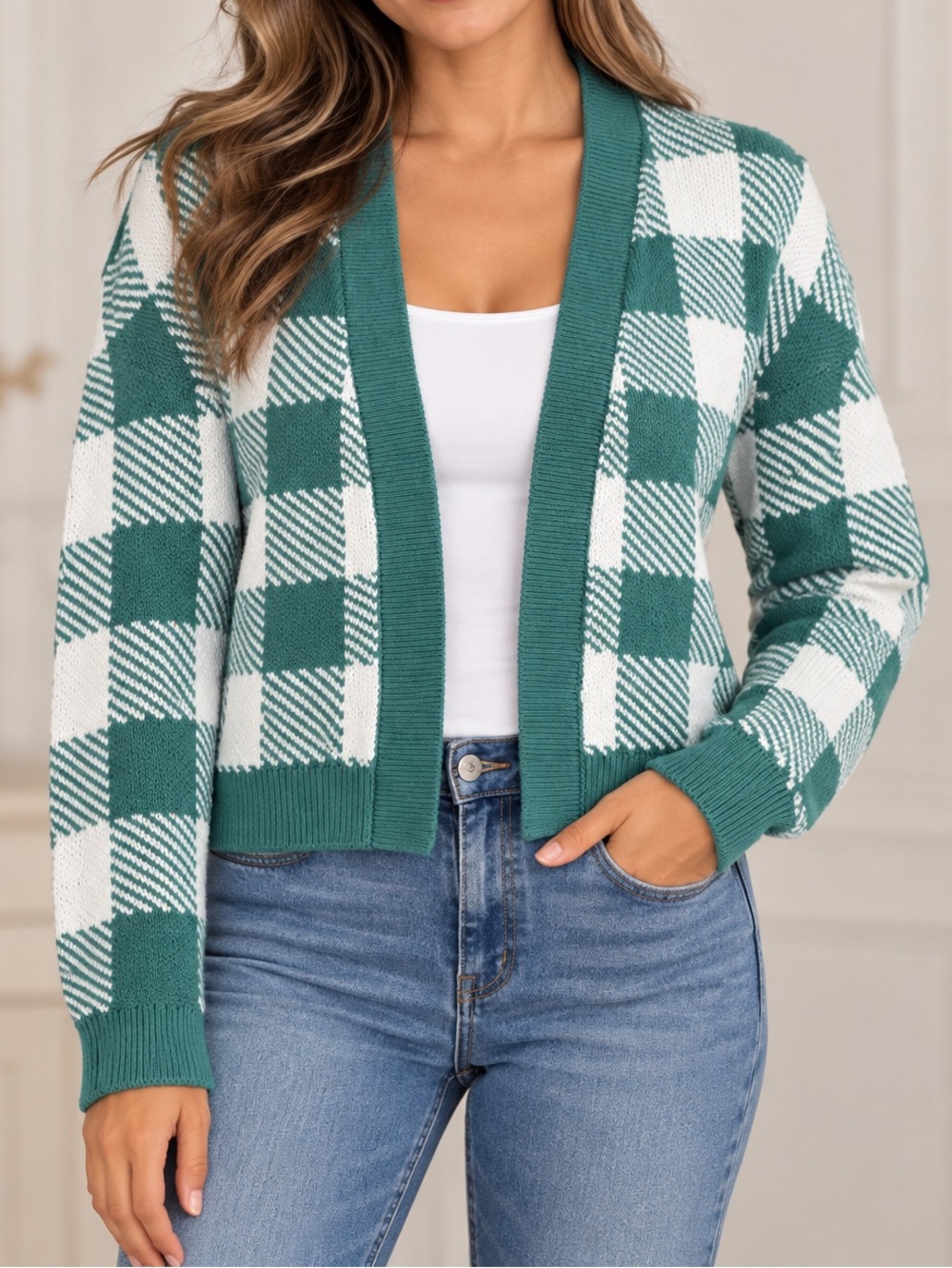 Ripzone Green Buffalo Check Open Cardigan Sweater
